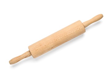 Photo of Wooden rolling pin isolated on white, top view