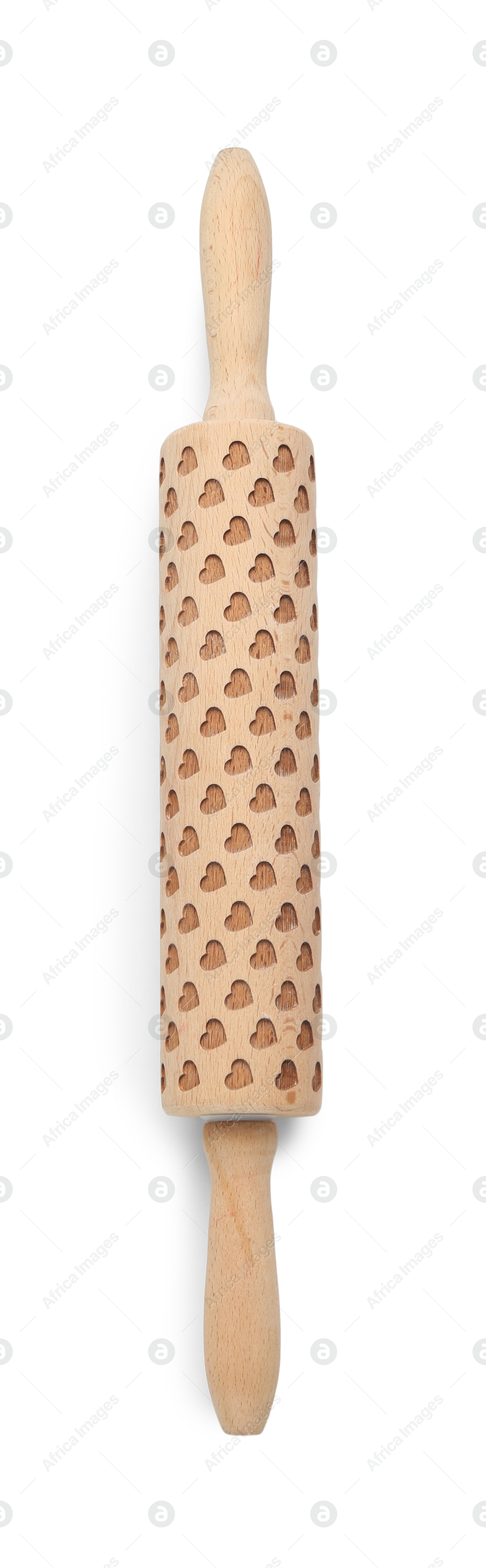 Photo of Wooden rolling pin isolated on white, top view