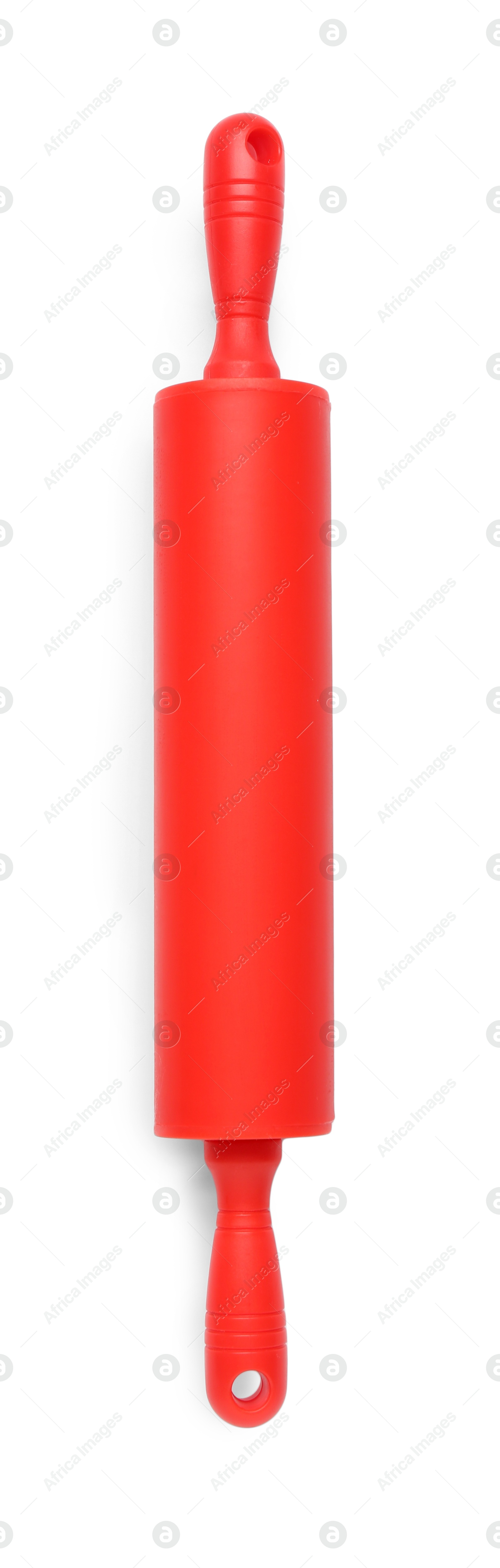 Photo of Red rolling pin isolated on white, top view