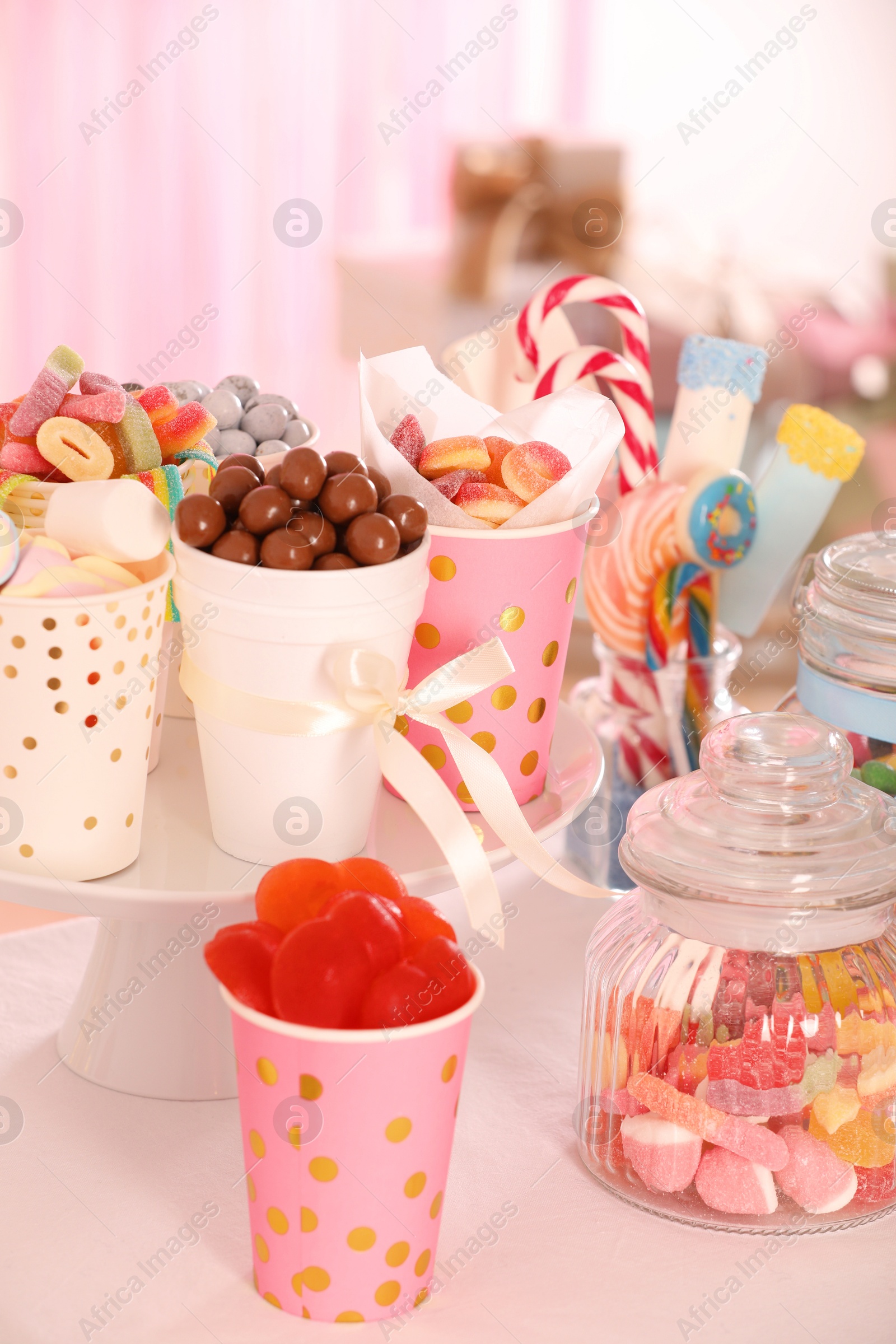 Photo of Candy bar. Many different sweets on table indoors