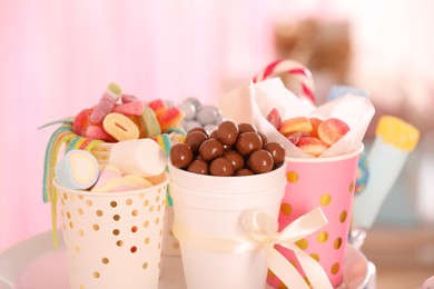 Photo of Candy bar. Many different sweets on blurred background, closeup