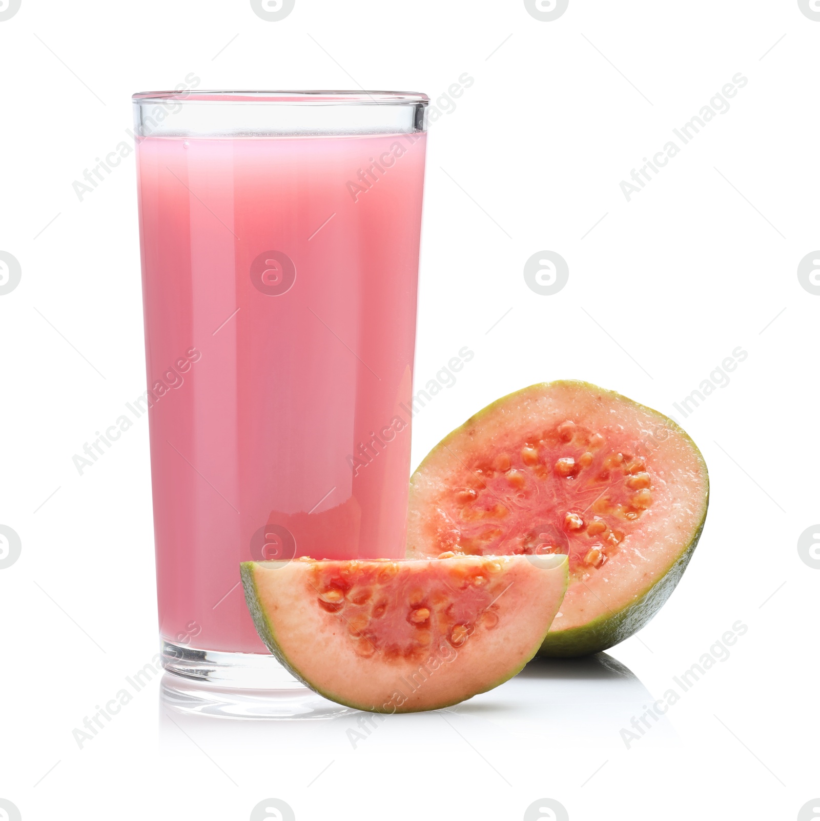 Photo of Tasty guava juice in glass and fresh fruits isolated on white