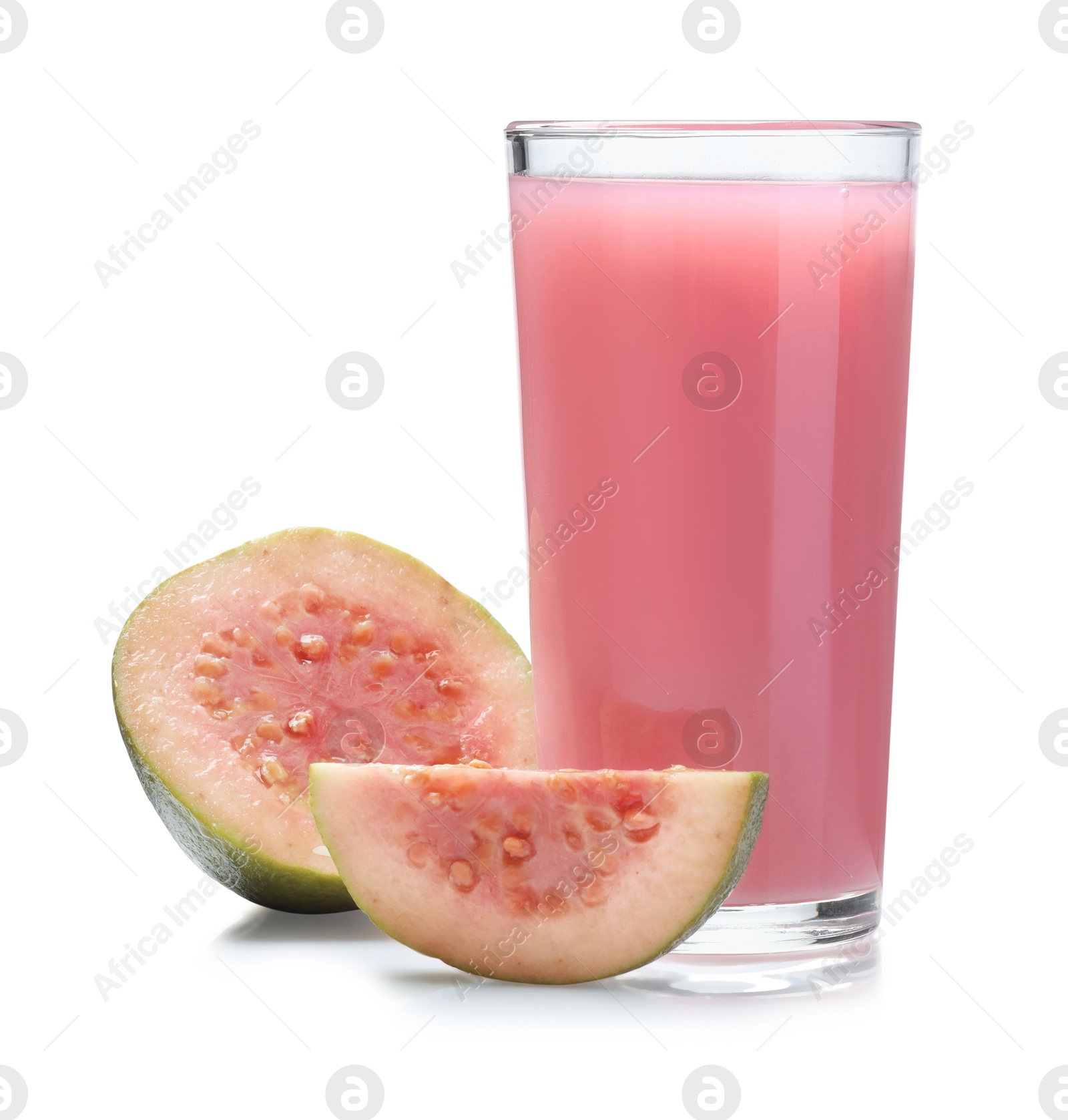 Photo of Tasty guava juice in glass and fresh fruits isolated on white