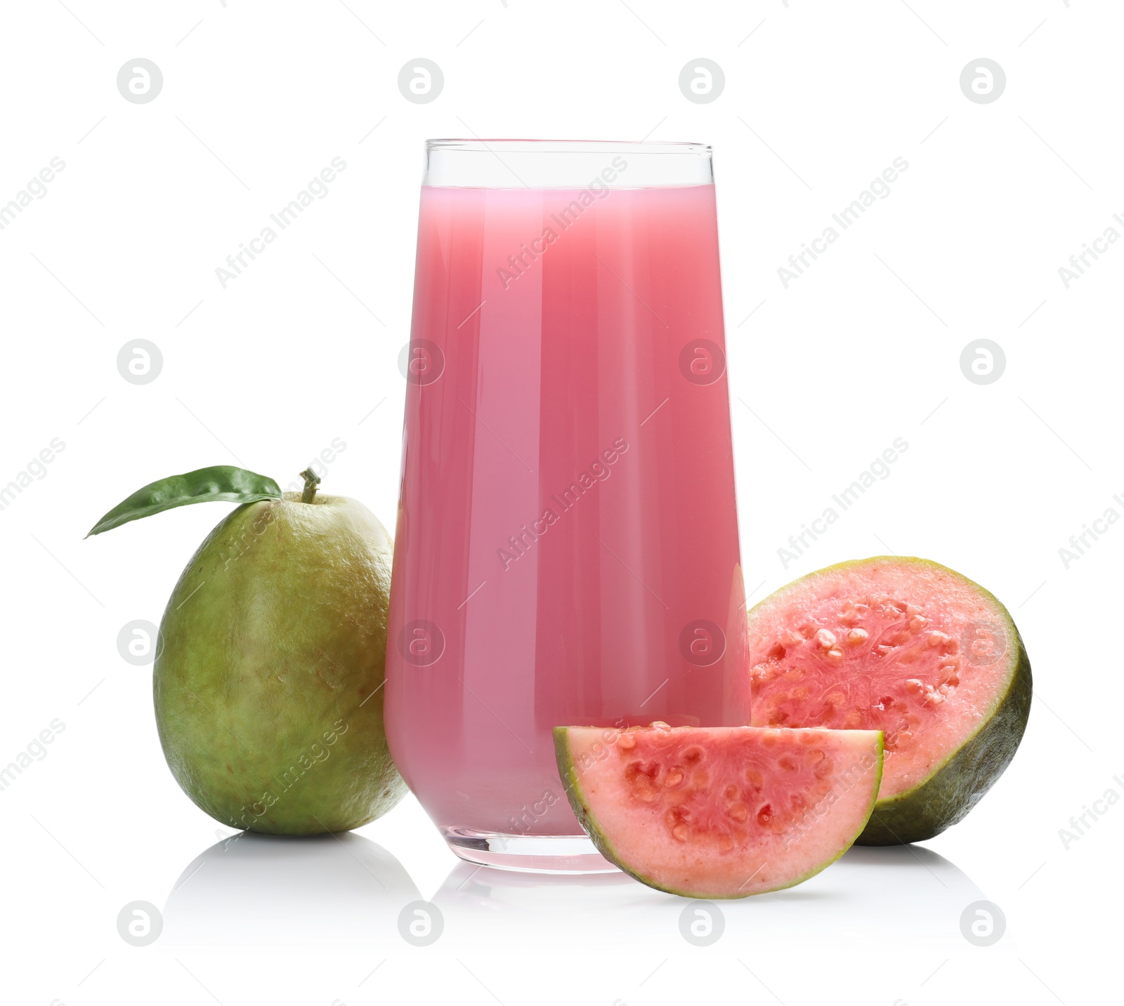 Photo of Tasty guava juice in glass and fresh fruits isolated on white