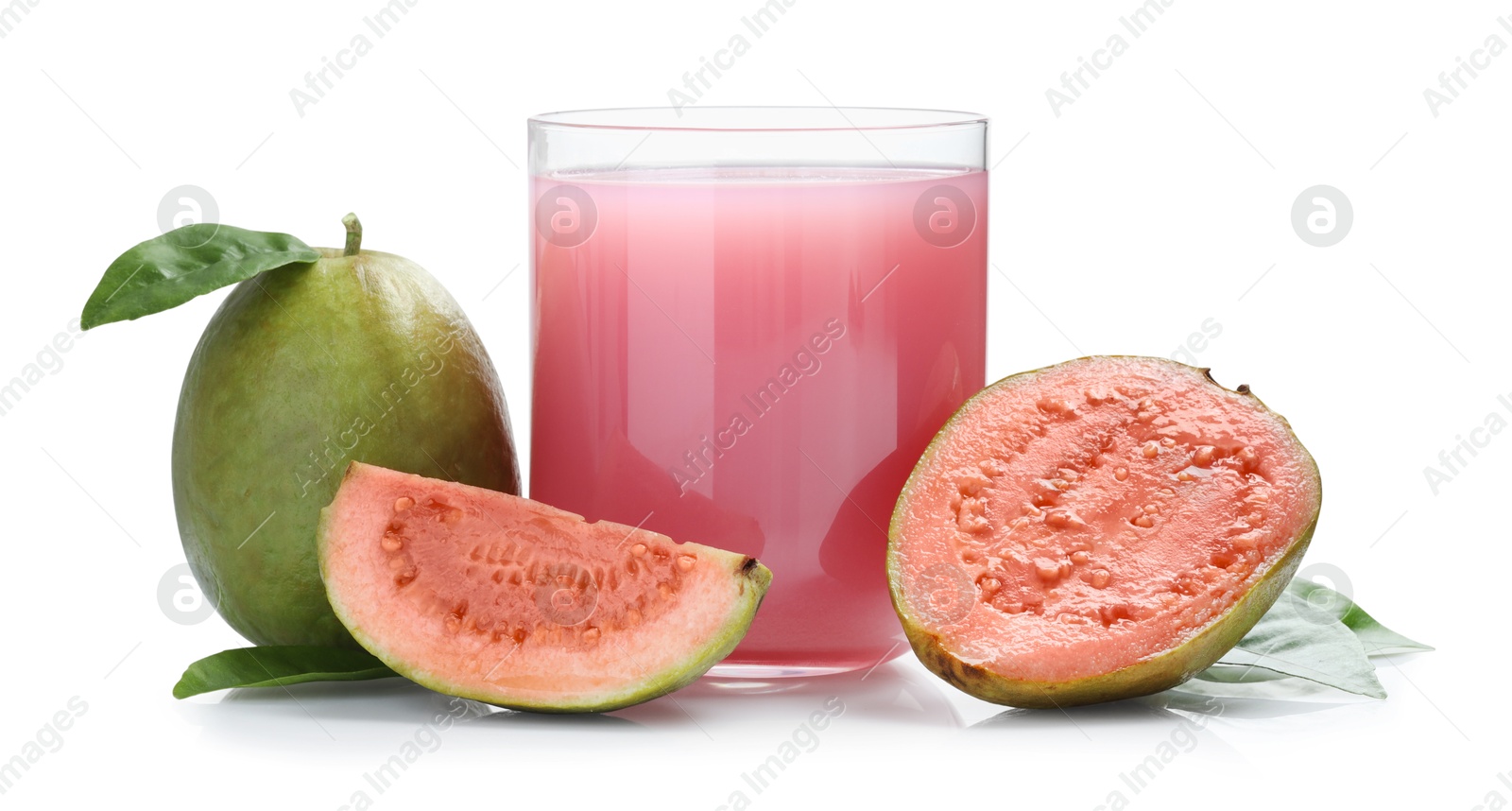 Photo of Tasty guava juice in glass and fresh fruits isolated on white