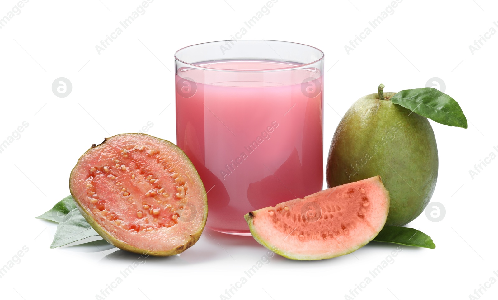 Photo of Tasty guava juice in glass and fresh fruits isolated on white