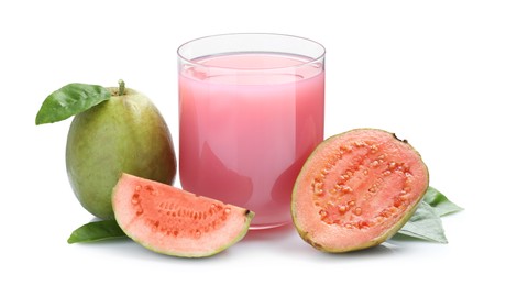 Photo of Tasty guava juice in glass and fresh fruits isolated on white