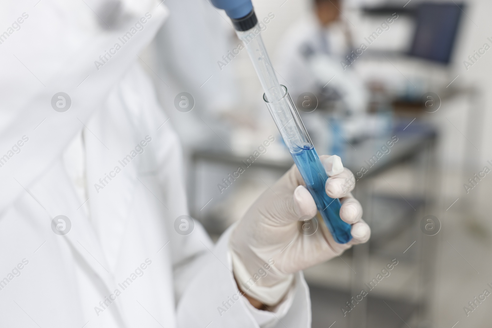 Photo of Scientist with micropipette and test tube working in laboratory, closeup