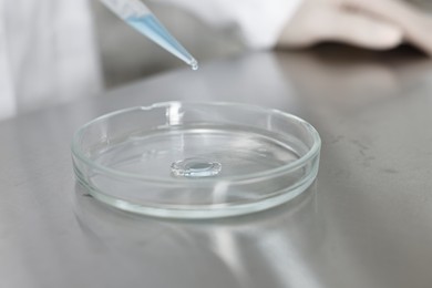 Photo of Scientist dripping reagent into Petri dish at table in laboratory, closeup