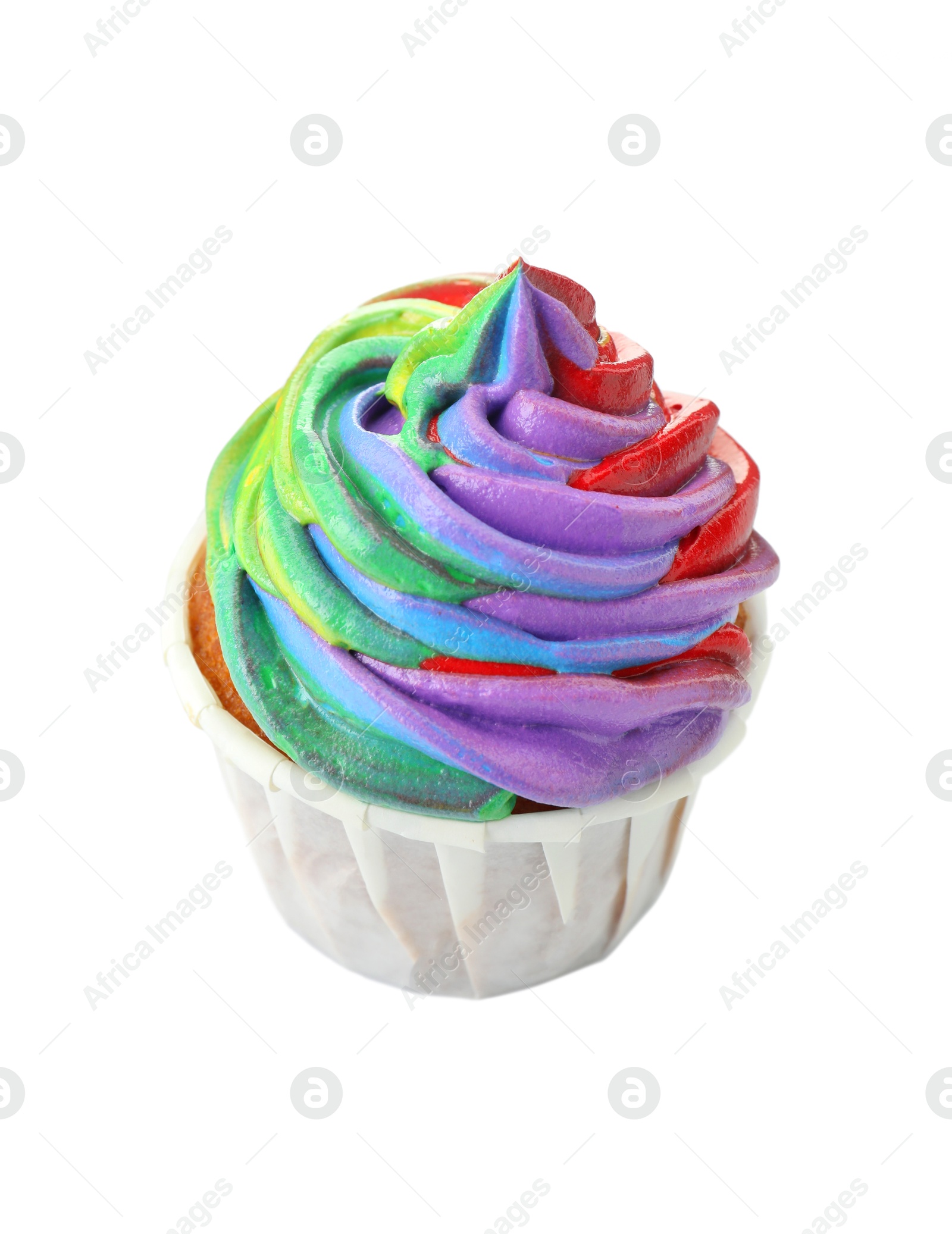 Photo of One delicious cupcake with colorful cream isolated on white