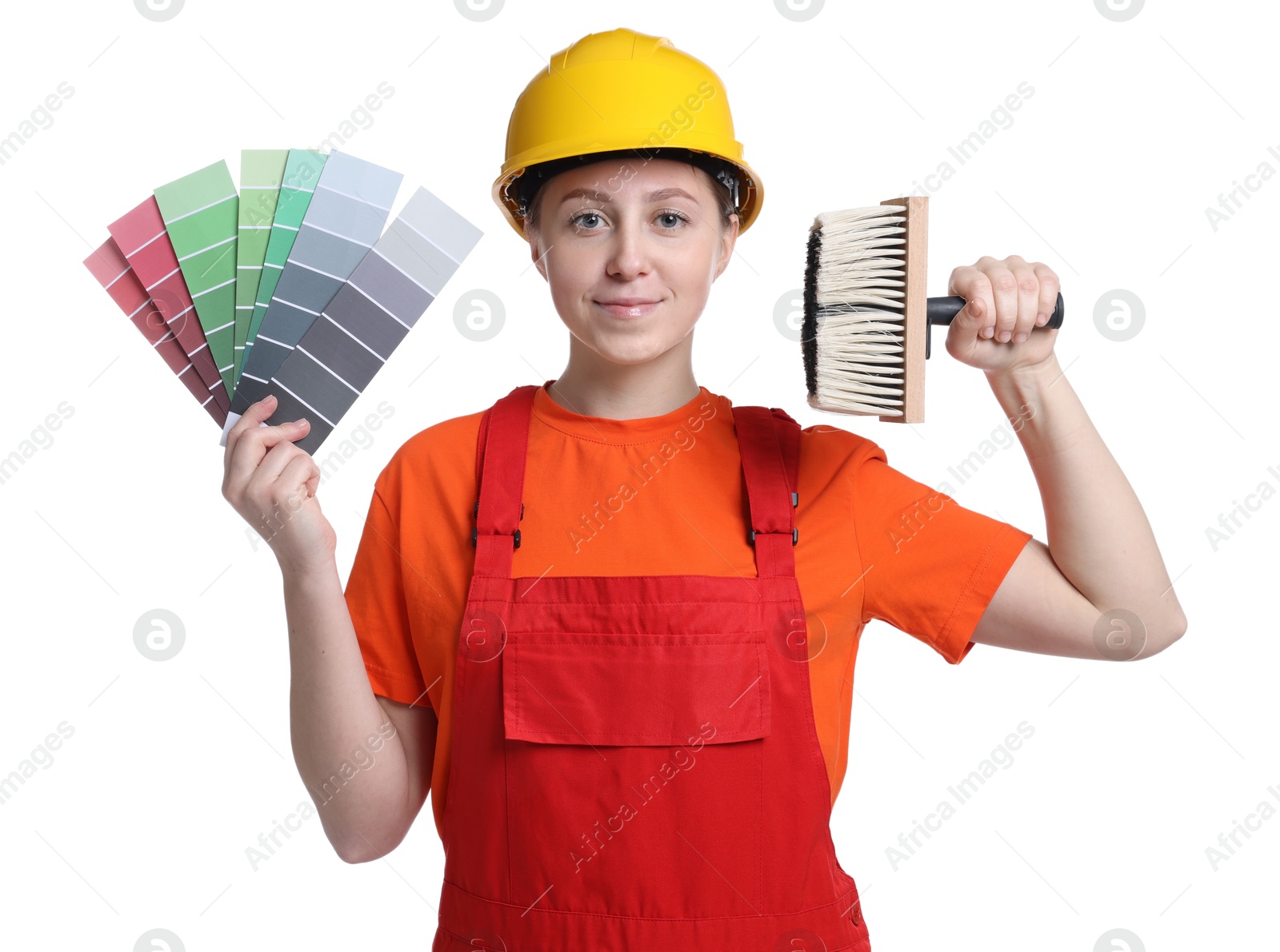 Photo of Professional painter with color selection chart and brush on white background