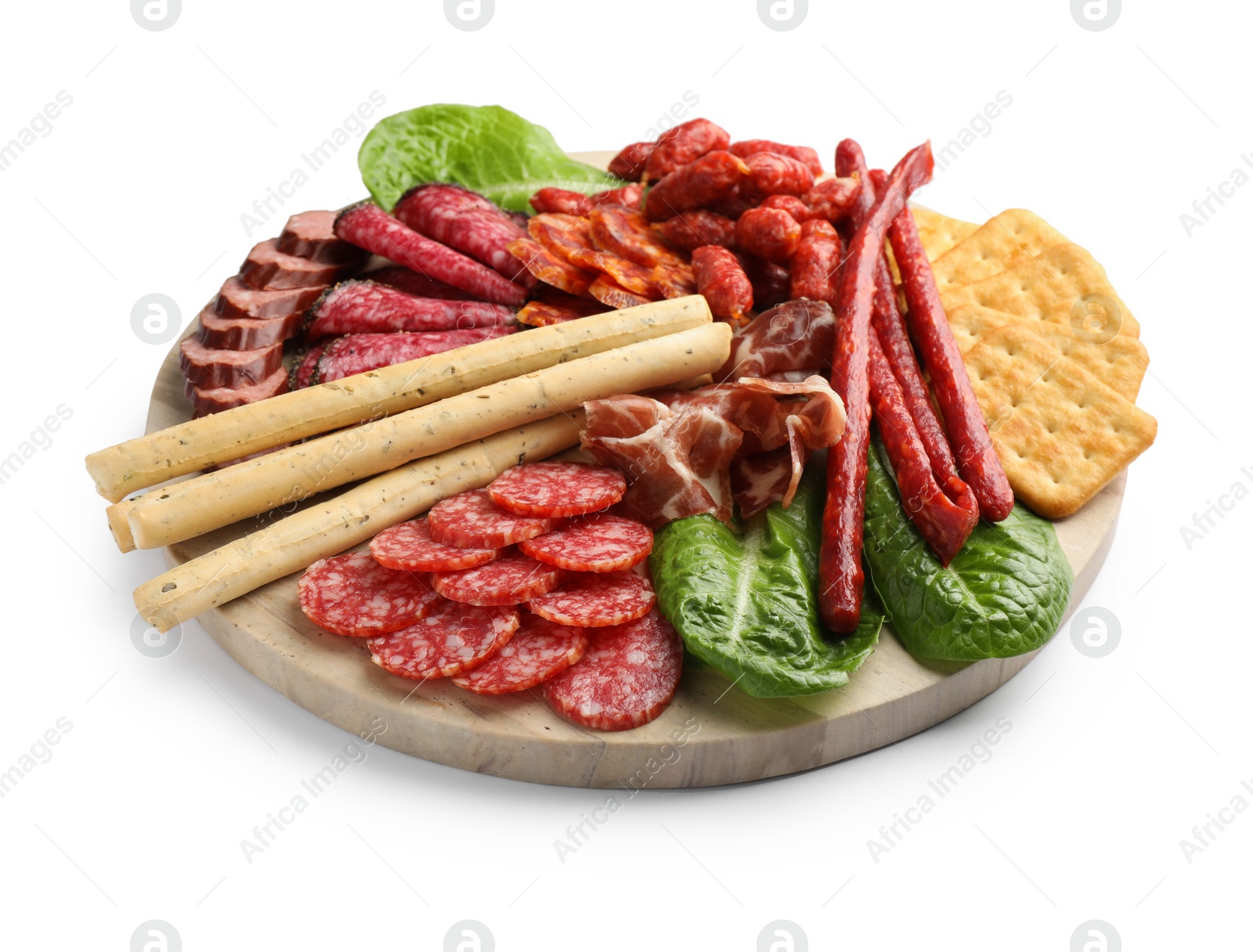 Photo of Different smoked sausages and other snacks isolated on white