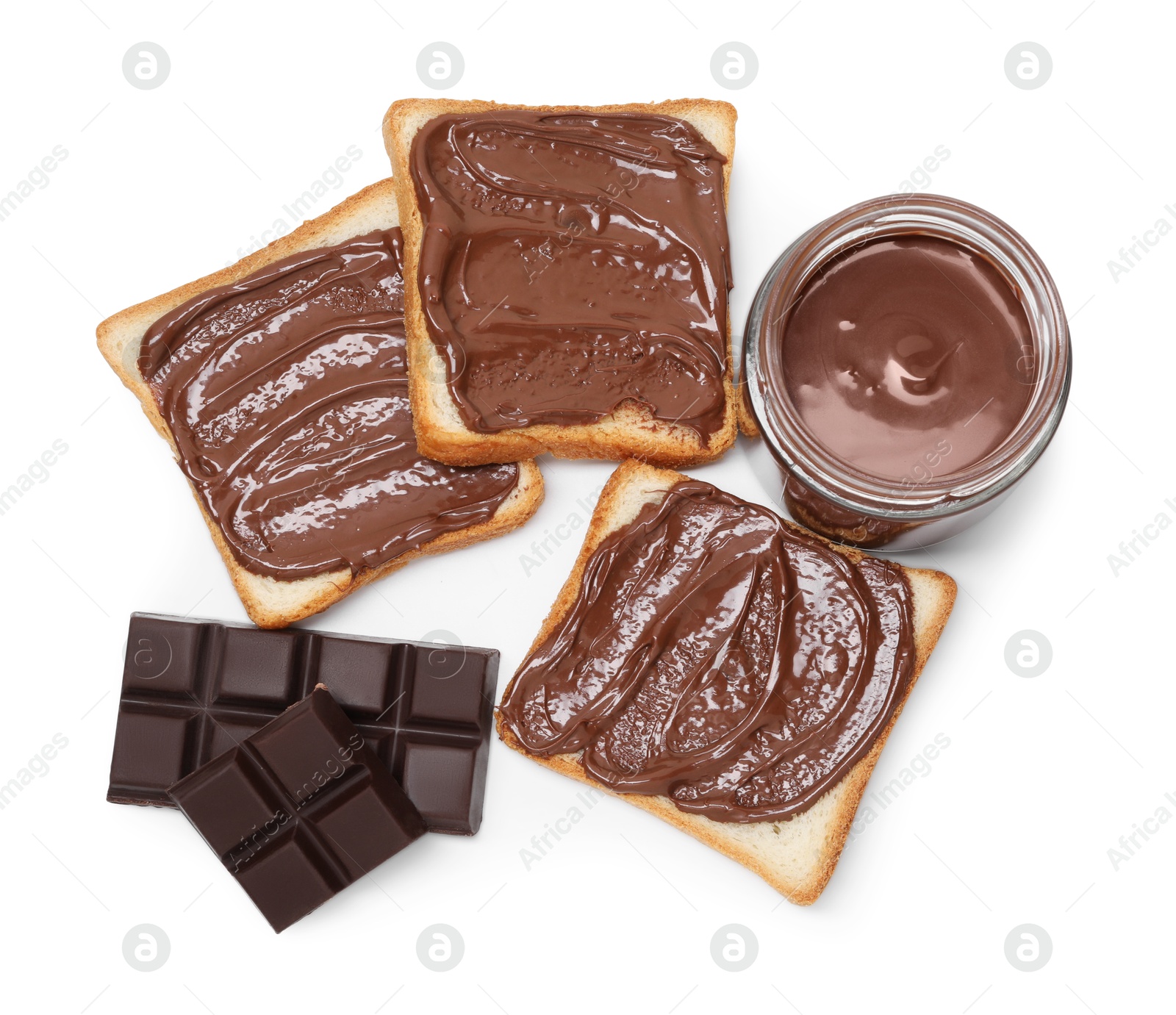 Photo of Tasty sandwiches with chocolate butter and pieces of chocolate isolated on white, top view