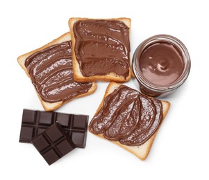 Tasty sandwiches with chocolate butter and pieces of chocolate isolated on white, top view