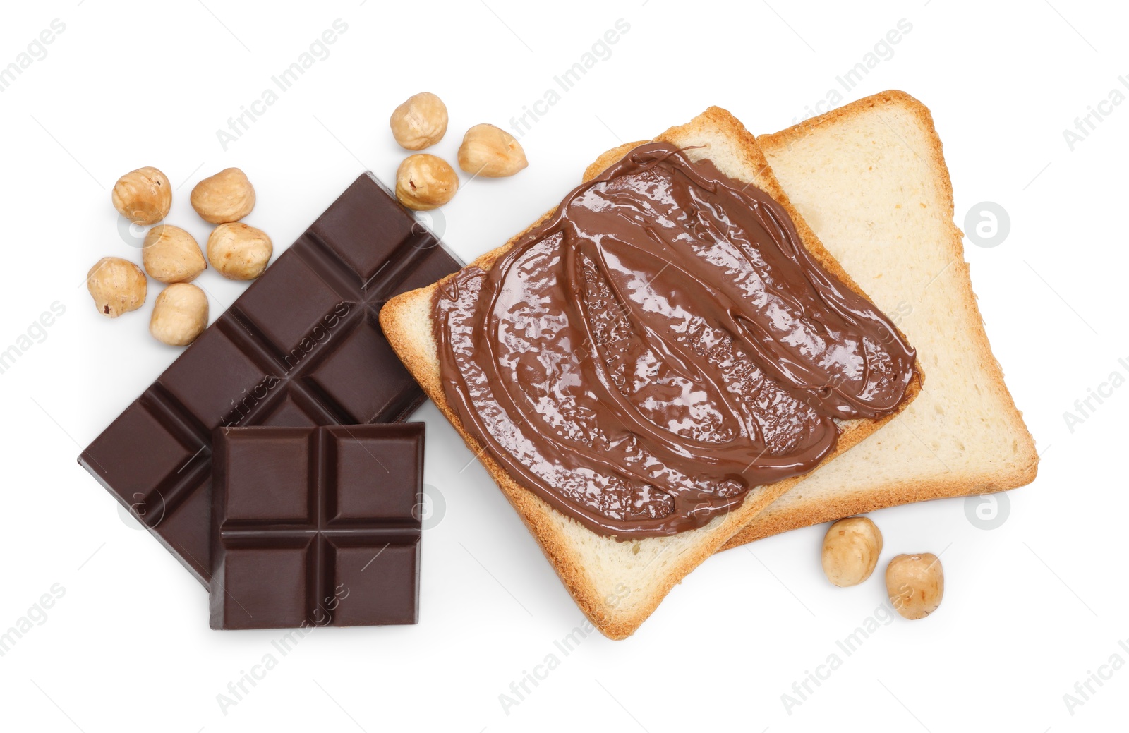 Photo of Tasty sandwiches with chocolate butter, pieces of chocolate and hazelnuts isolated on white, top view