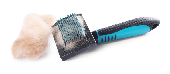 Photo of Grooming brush and pile of pet's hair isolated on white