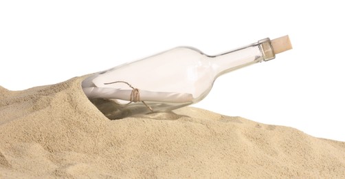 Photo of Rolled letter in corked glass bottle on sand against white background