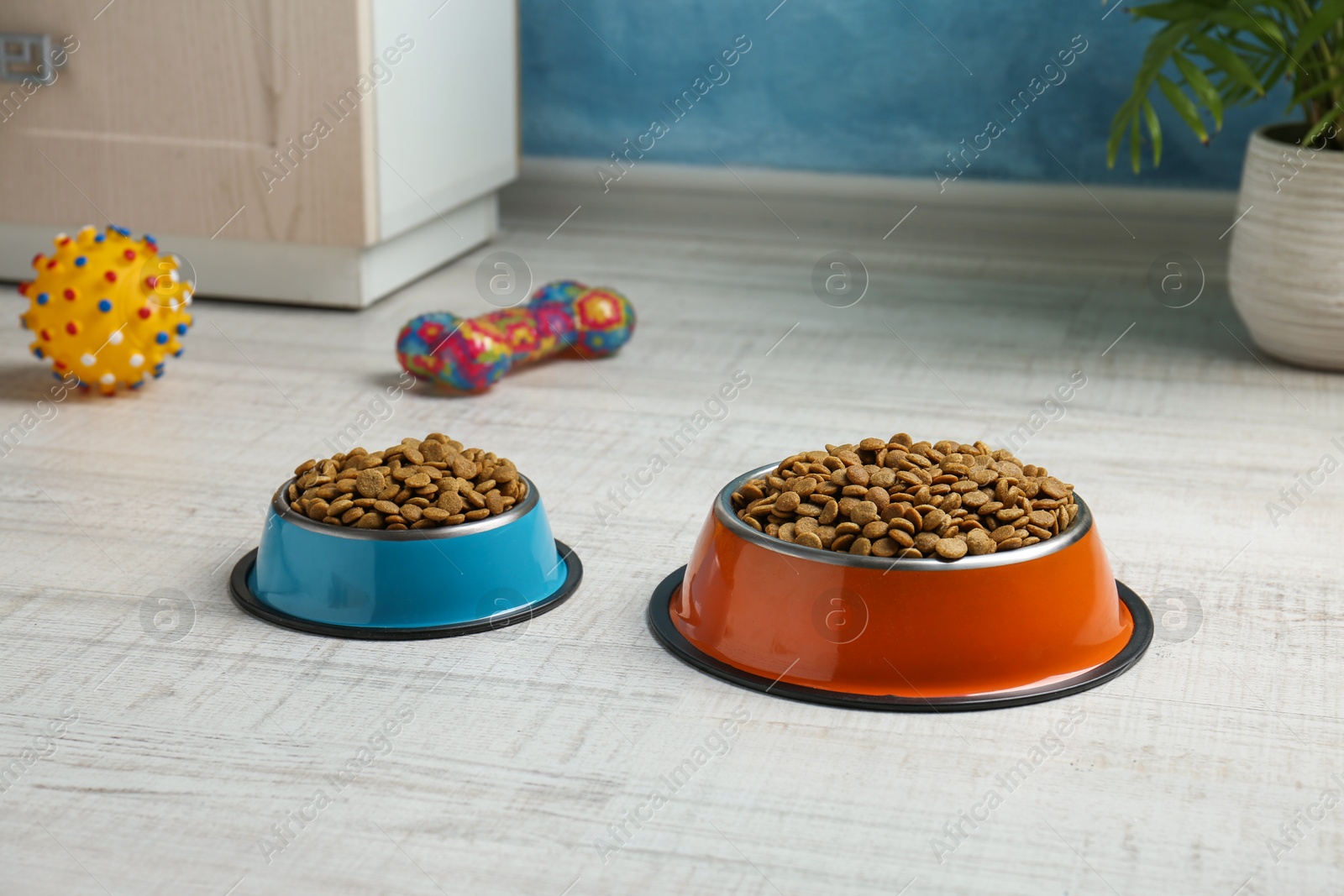 Photo of Dry pet food in feeding bowls and toys on floor indoors