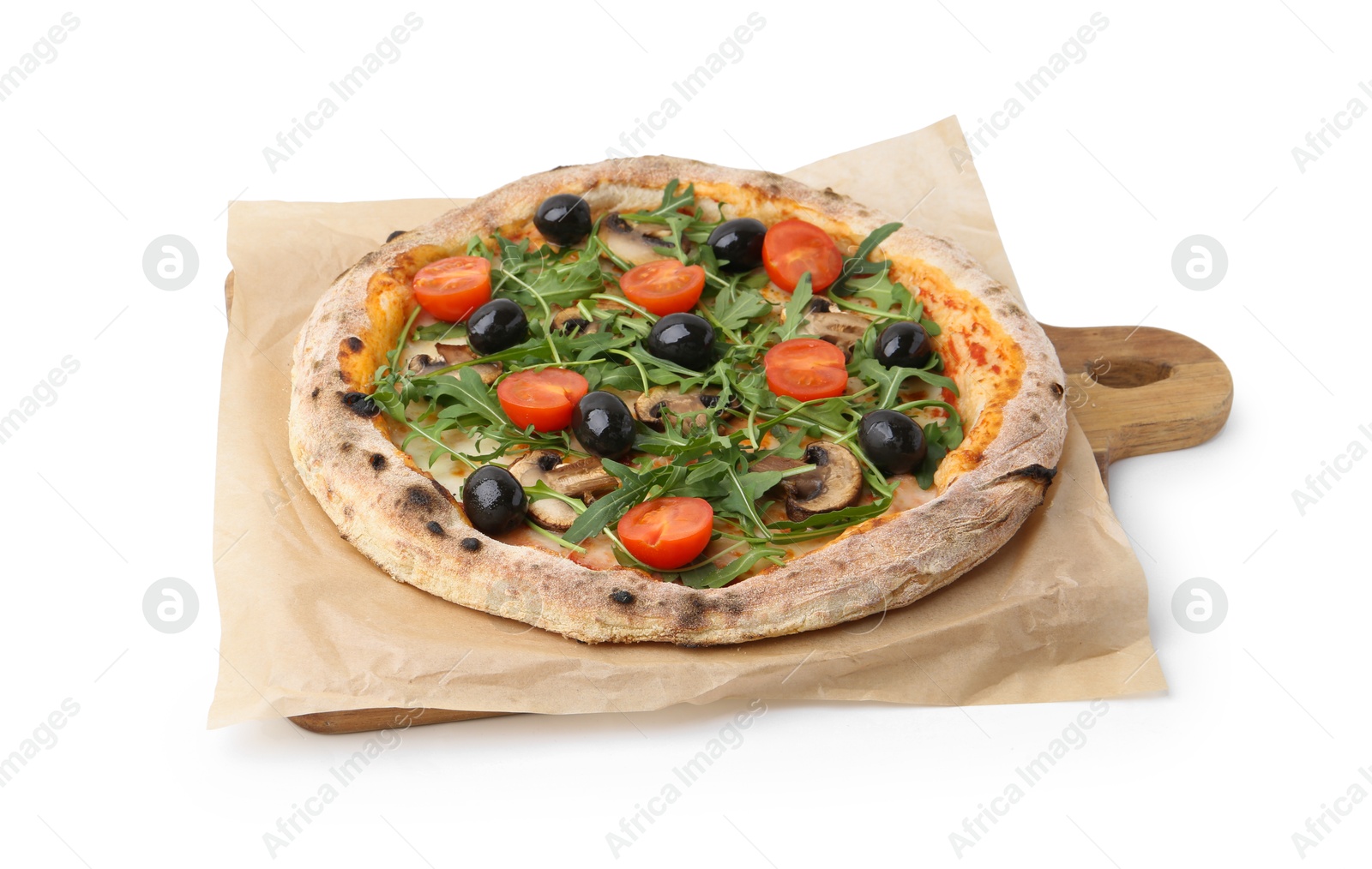 Photo of Tasty pizza with cherry tomatoes, black olives, mushrooms and arugula isolated on white