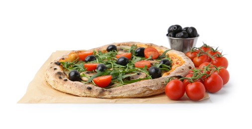 Photo of Tasty pizza with cherry tomatoes, black olives, mushrooms and arugula isolated on white