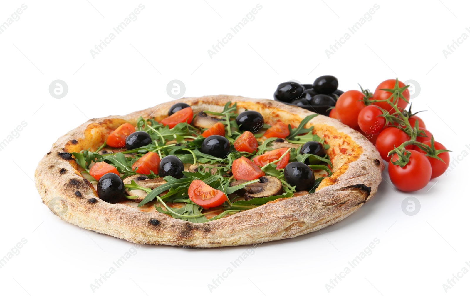 Photo of Tasty pizza with cherry tomatoes, black olives, mushrooms and arugula isolated on white