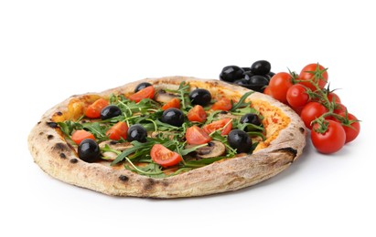 Photo of Tasty pizza with cherry tomatoes, black olives, mushrooms and arugula isolated on white