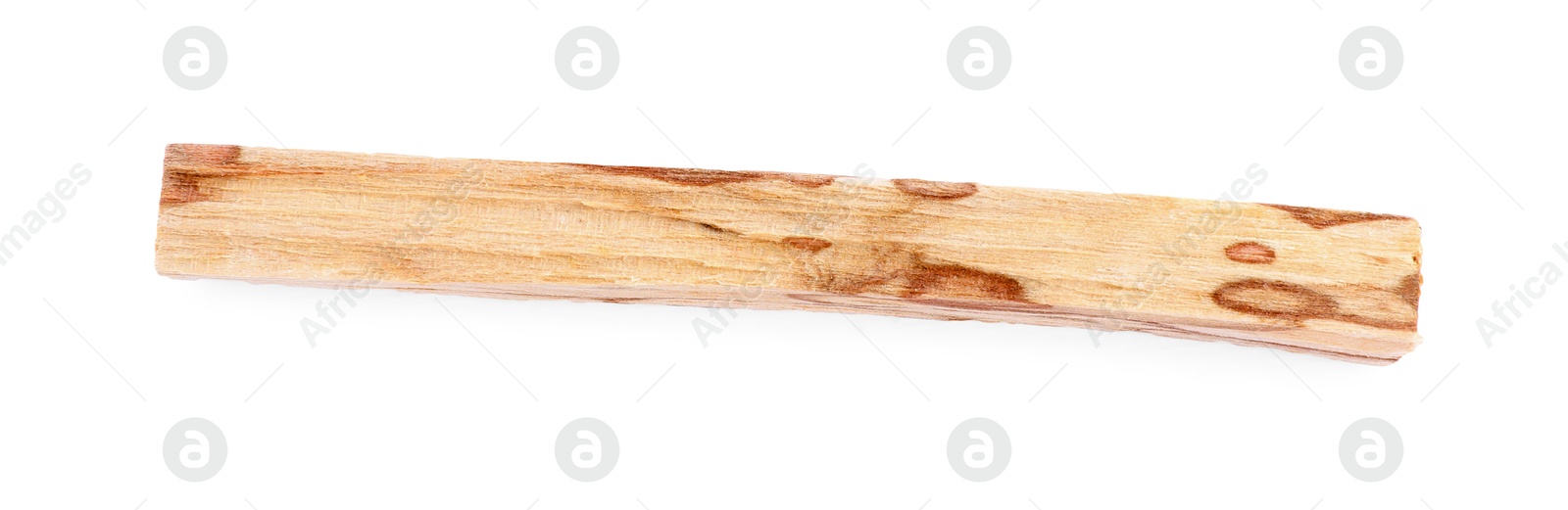 Photo of One palo santo stick on white background, top view