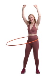 Photo of Beautiful young woman exercising with hula hoop on white background