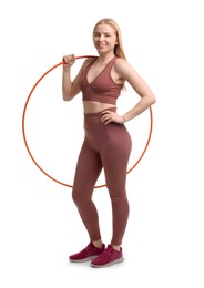 Beautiful young woman with hula hoop isolated on white