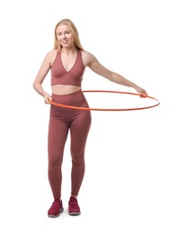 Photo of Beautiful young woman exercising with hula hoop on white background