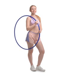 Photo of Beautiful young woman with hula hoop isolated on white