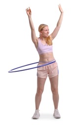 Photo of Beautiful young woman exercising with hula hoop on white background