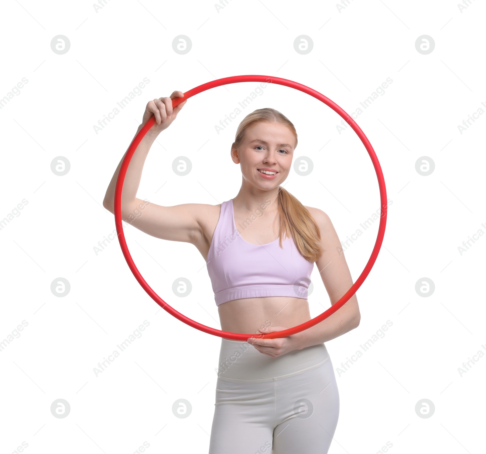 Photo of Beautiful young woman with hula hoop isolated on white