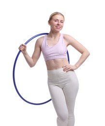 Photo of Beautiful young woman with hula hoop isolated on white