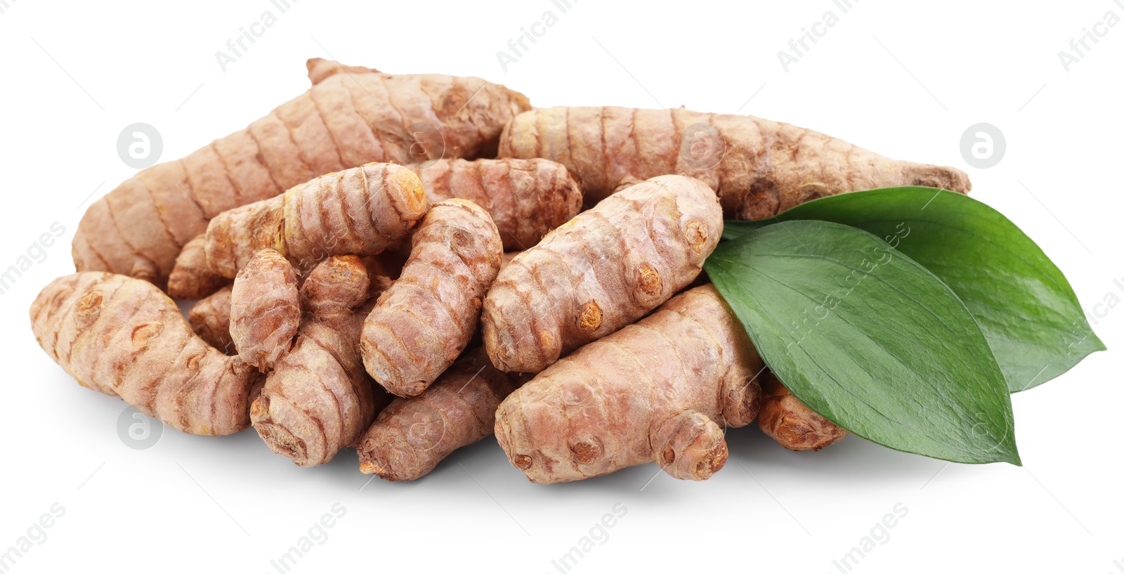 Photo of Raw turmeric roots and green leaves isolated on white