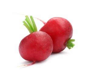 Photo of Two fresh ripe radishes isolated on white