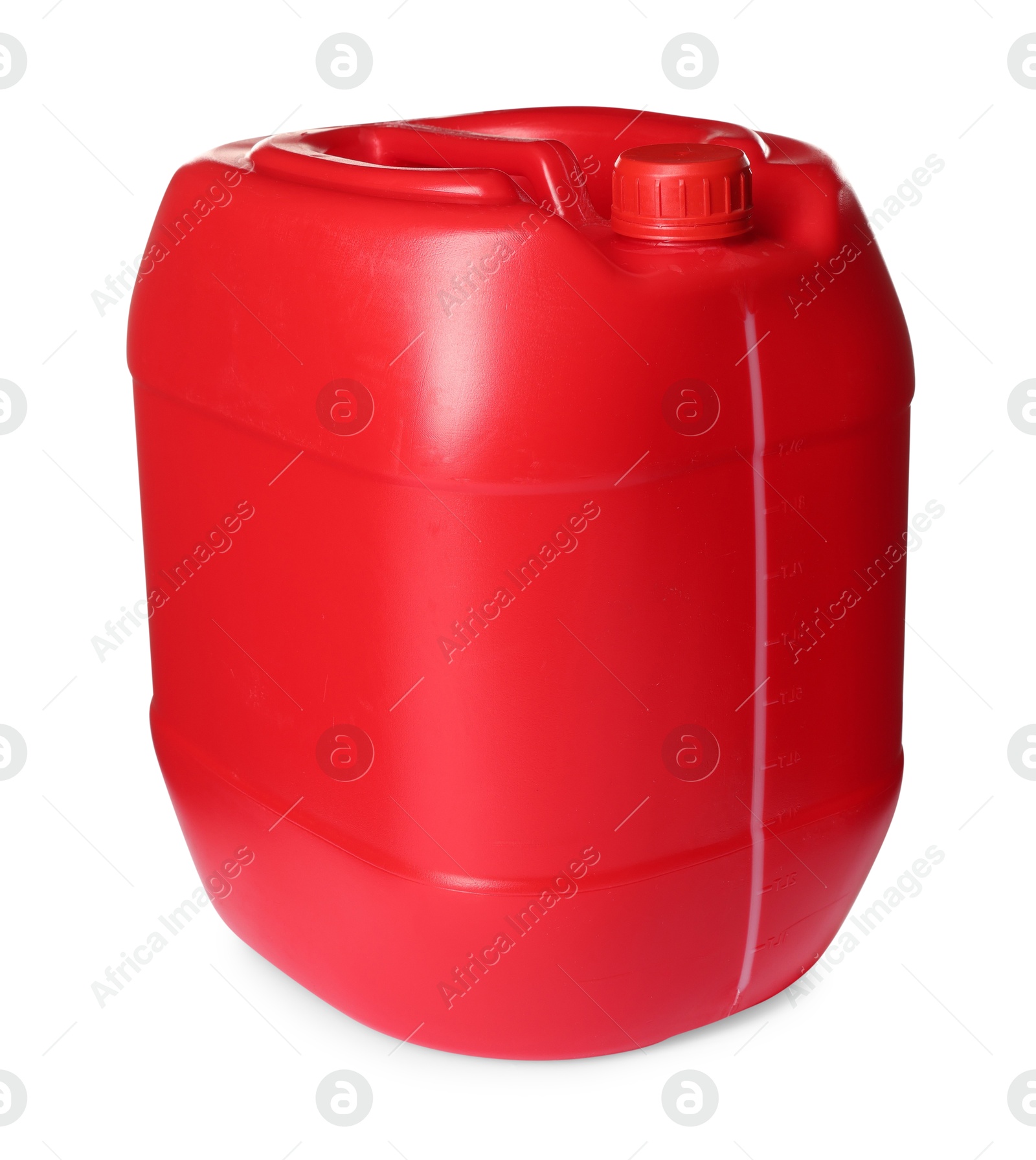 Photo of One red plastic canister on white background