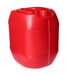 Photo of One red plastic canister on white background