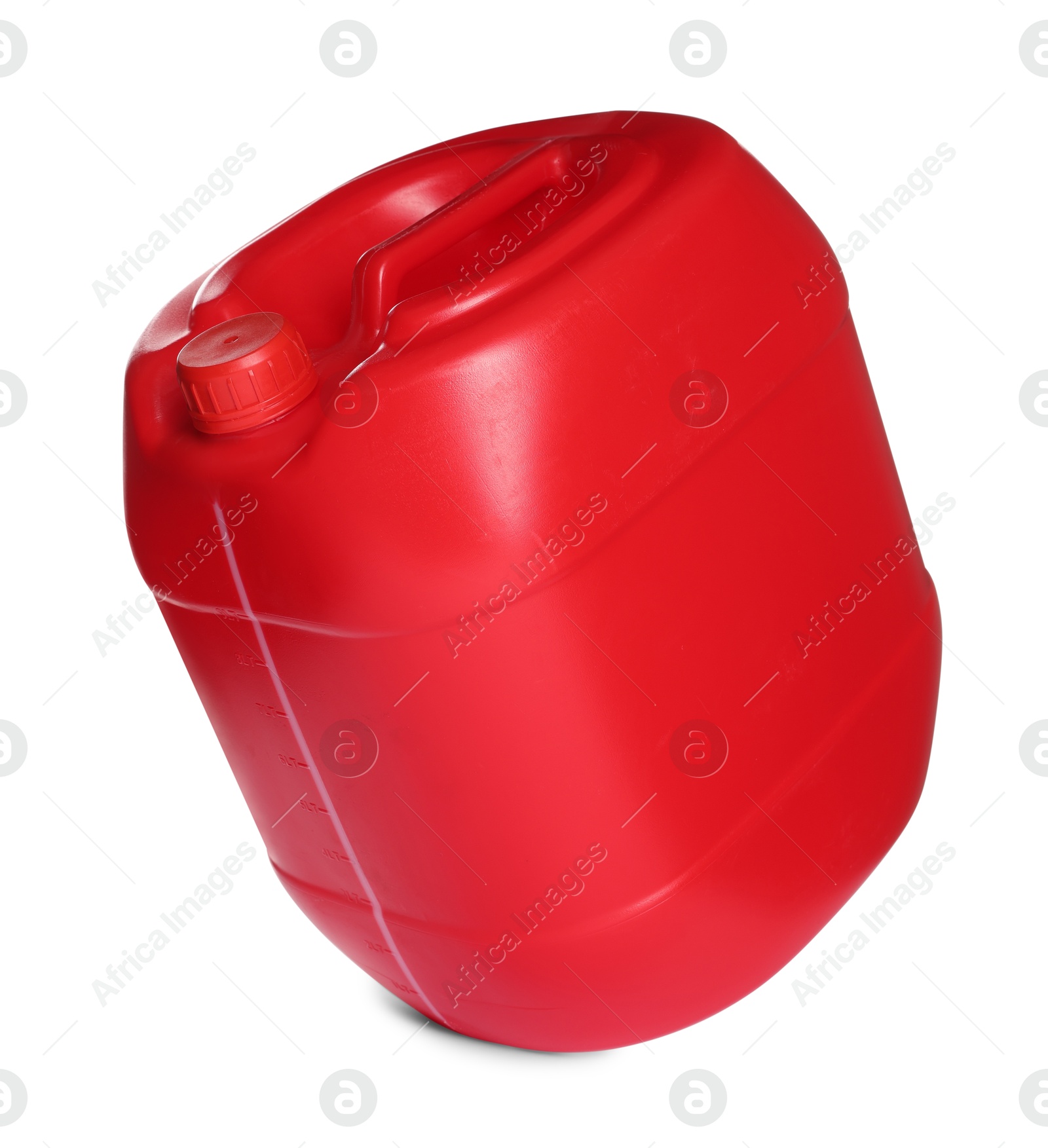 Photo of One red plastic canister in air on white background