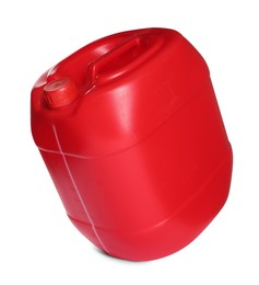 Photo of One red plastic canister in air on white background