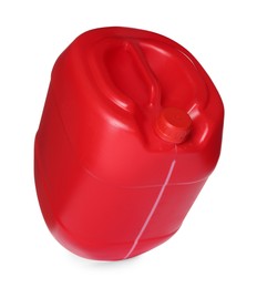 Photo of One red plastic canister in air on white background