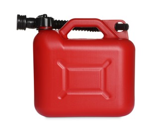 Photo of One red plastic canister with spout on white background