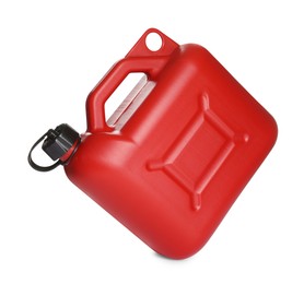 Photo of One red plastic canister in air on white background