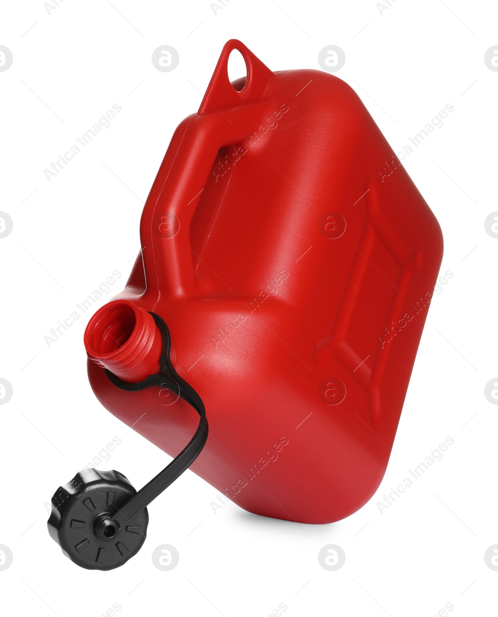 Photo of One red plastic canister in air on white background