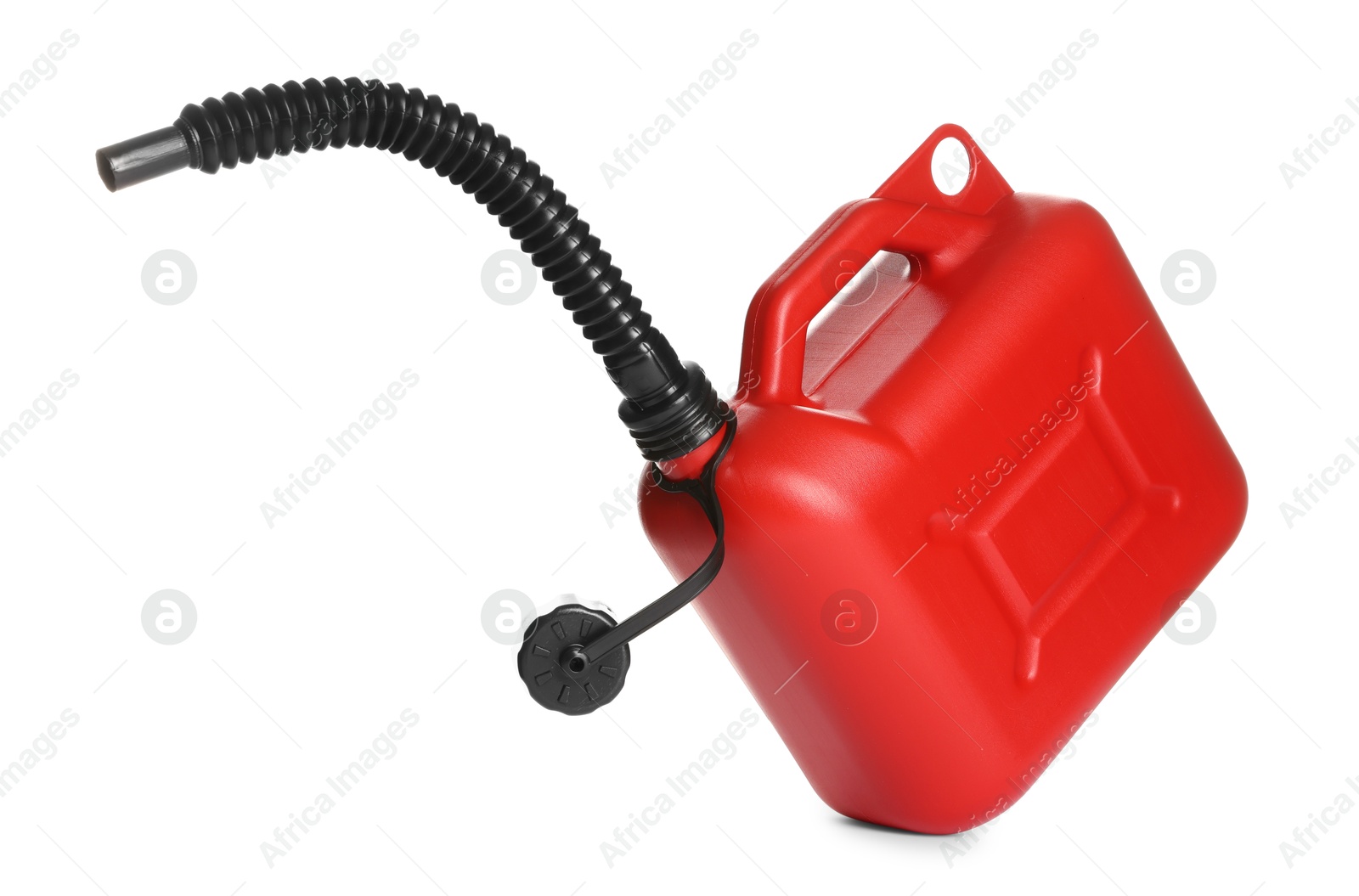 Photo of One red plastic canister with spout in air on white background