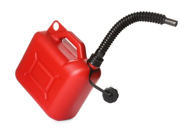 Photo of One red plastic canister with spout in air on white background