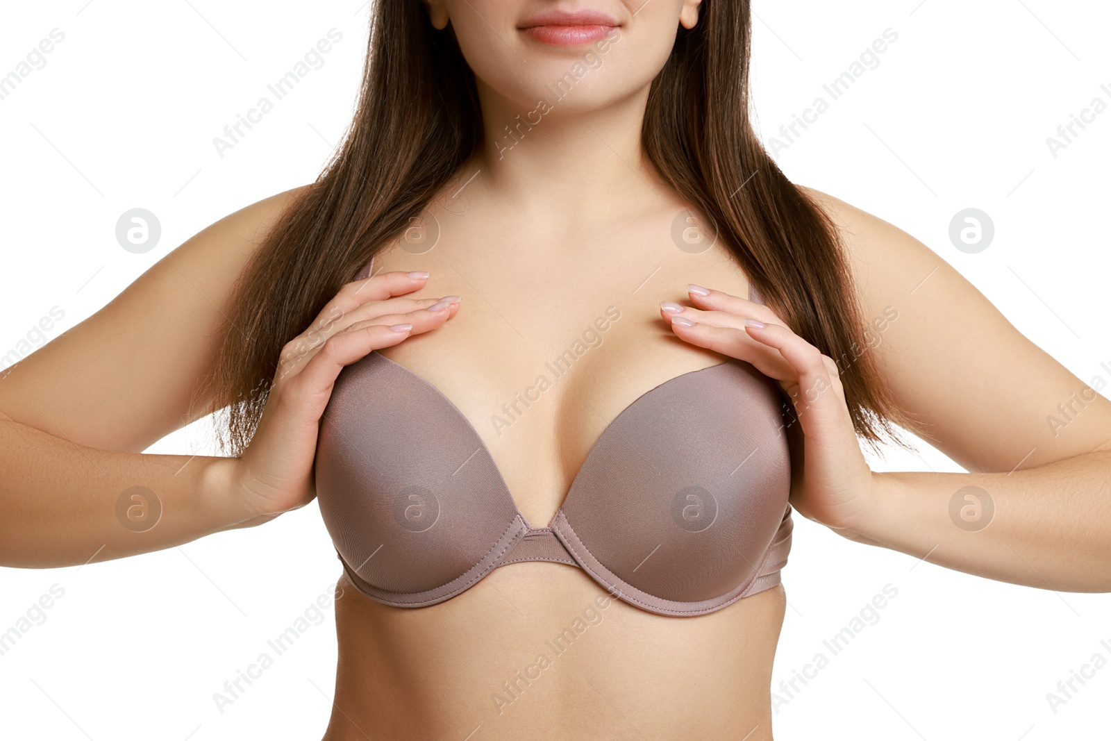 Photo of Woman wearing beautiful bra on white background, closeup