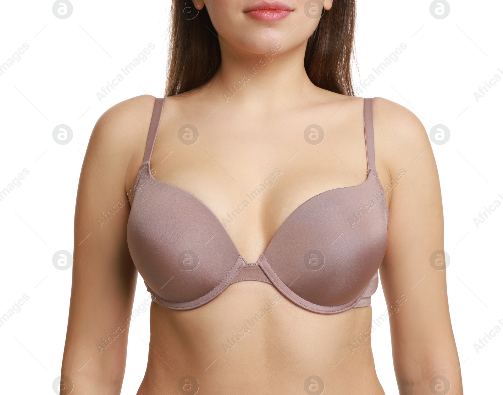 Photo of Woman wearing beautiful bra on white background, closeup