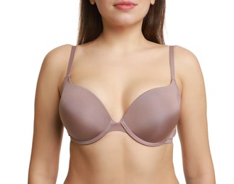 Photo of Woman wearing beautiful bra on white background, closeup