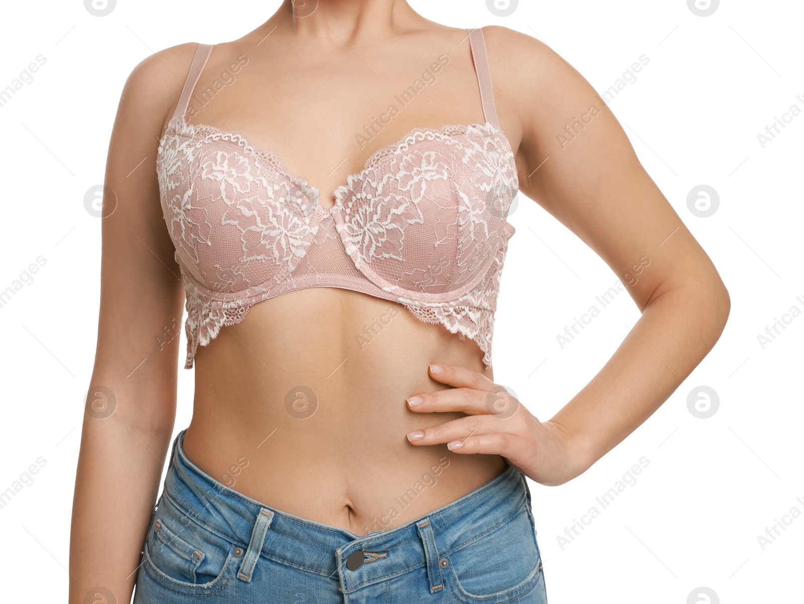 Photo of Woman wearing beautiful bra on white background, closeup